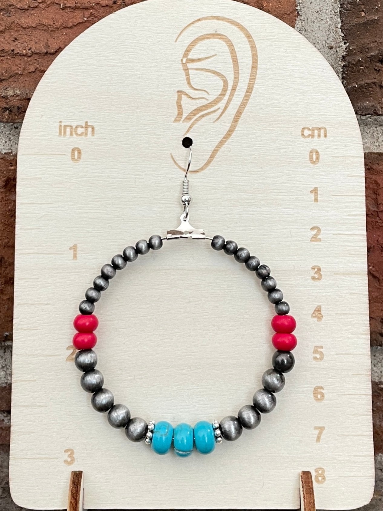 Navajo Style Pearl Hoop Drop Earrings with Faux Turquoise and Red