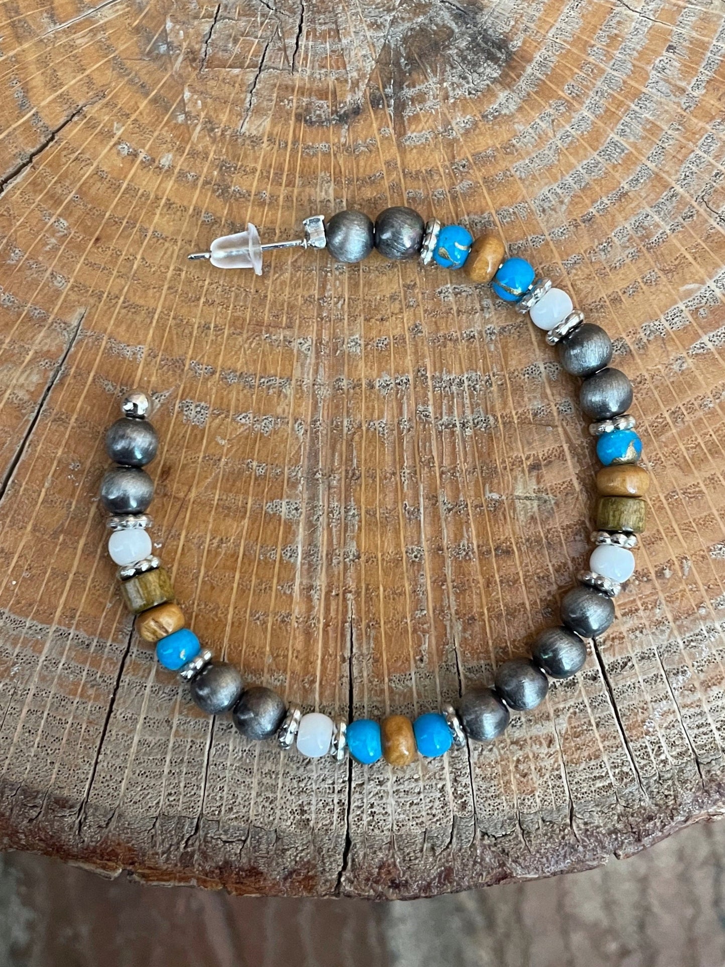 Navajo Style Pearl Hoop Earrings with Wood & Blue Beads