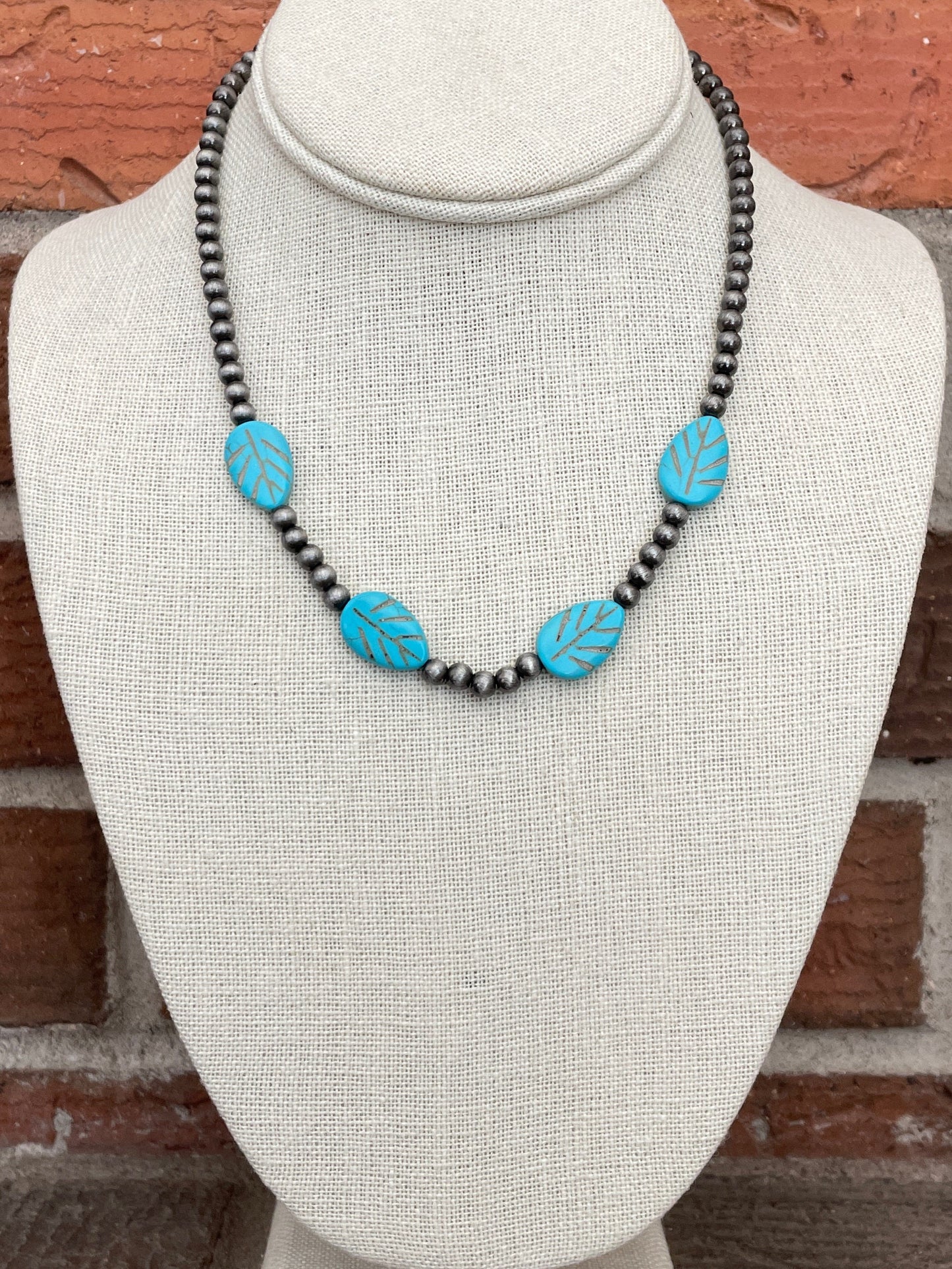 Navajo Style Pearl Necklace with Faux Turquoise Leaves