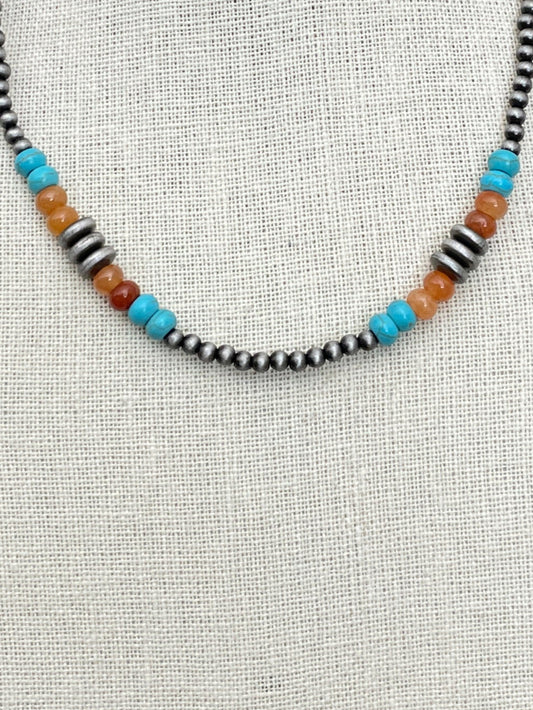 Navajo Style Pearl Necklace with Turquoise, Faux Jasper & Saucer Pearls