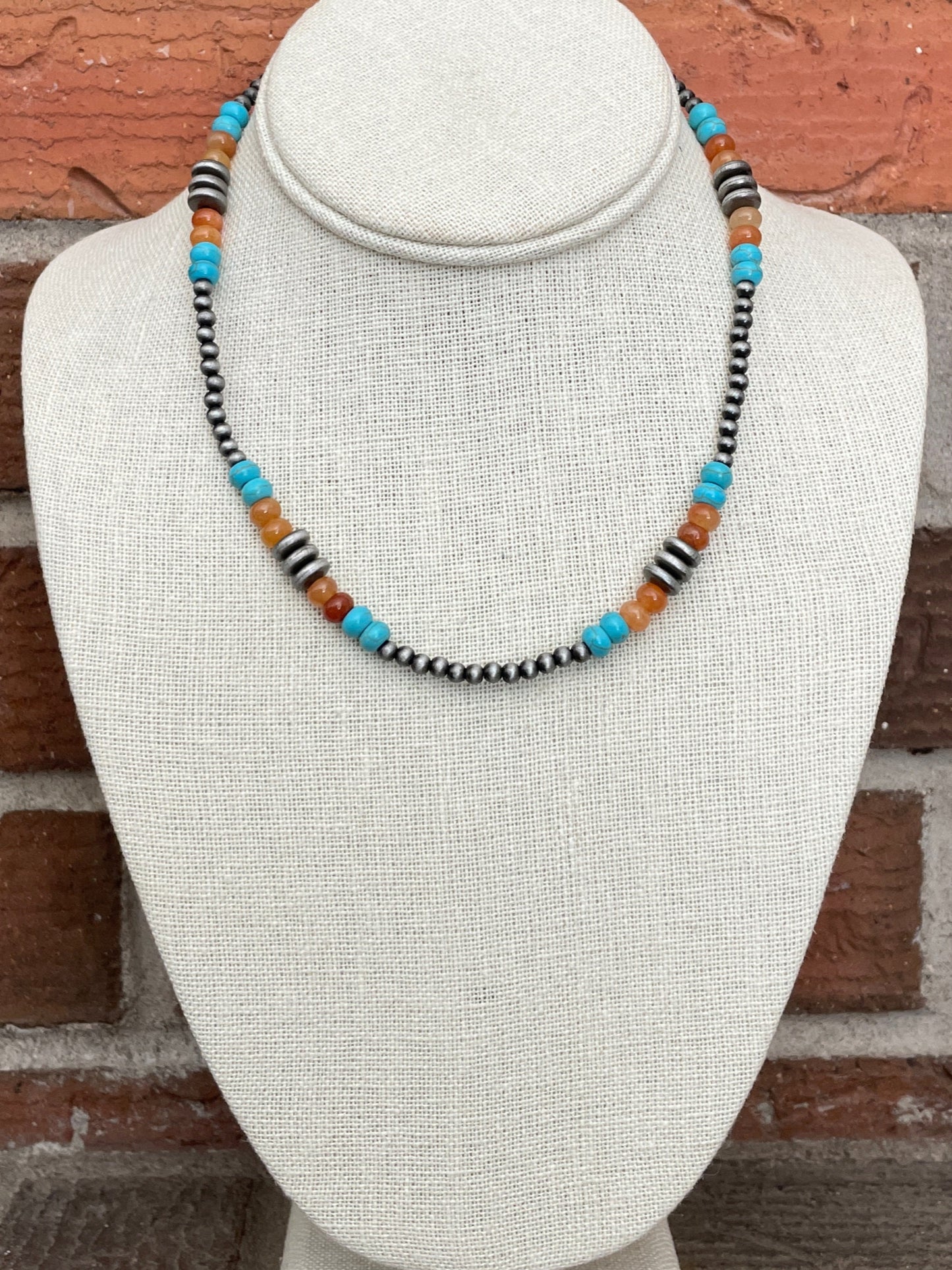 Navajo Style Pearl Necklace with Turquoise, Faux Jasper & Saucer Pearls