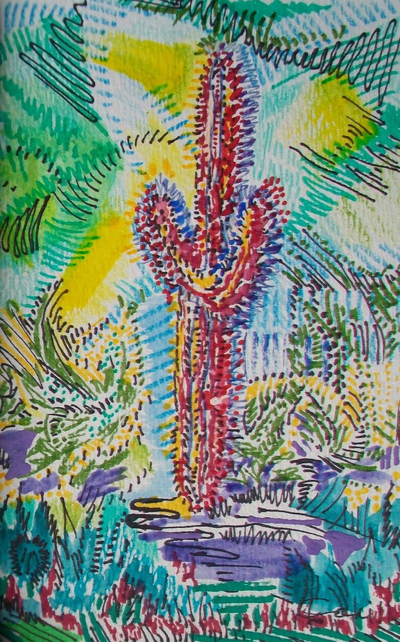 Red Saguaro Surprise Original Watercolor Painting by Lynn Cahill