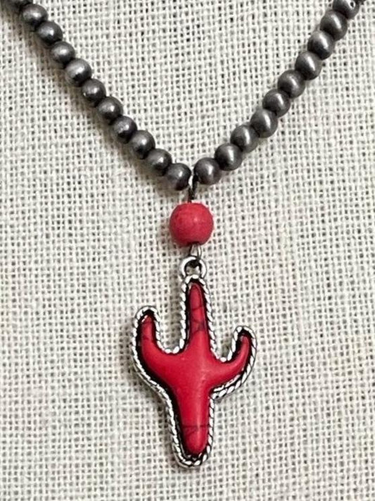 Red Saguaro Cactus and Navajo Style Pearl Choker Necklace