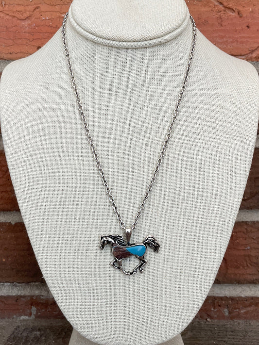 Running Horse Necklace with Natural Stone Inlay