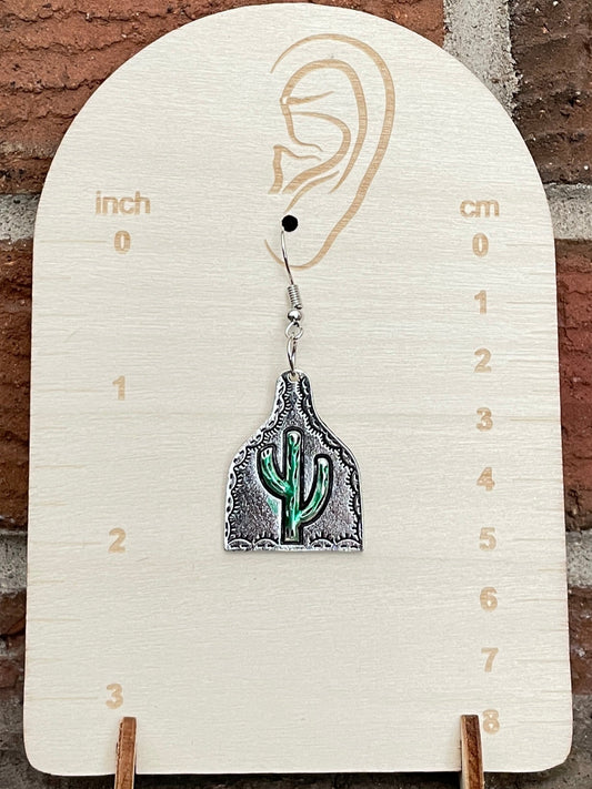 Saguaro Cactus Cow Tag Earrings