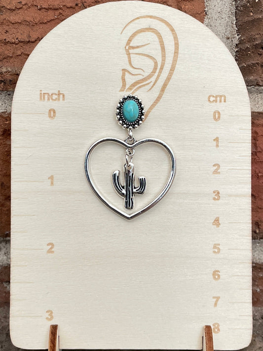 Saguaro Cactus Heart Earrings with Turquoise