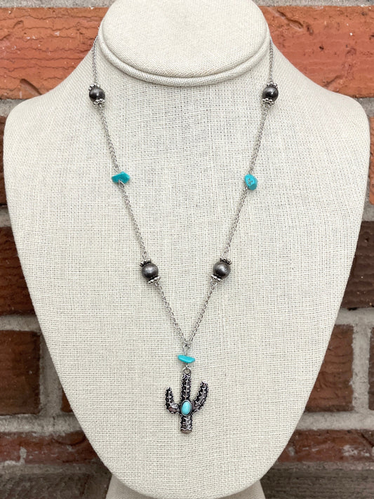 Saguaro Cactus Necklace with Navajo Style Pearl & Turquoise Beaded Chain