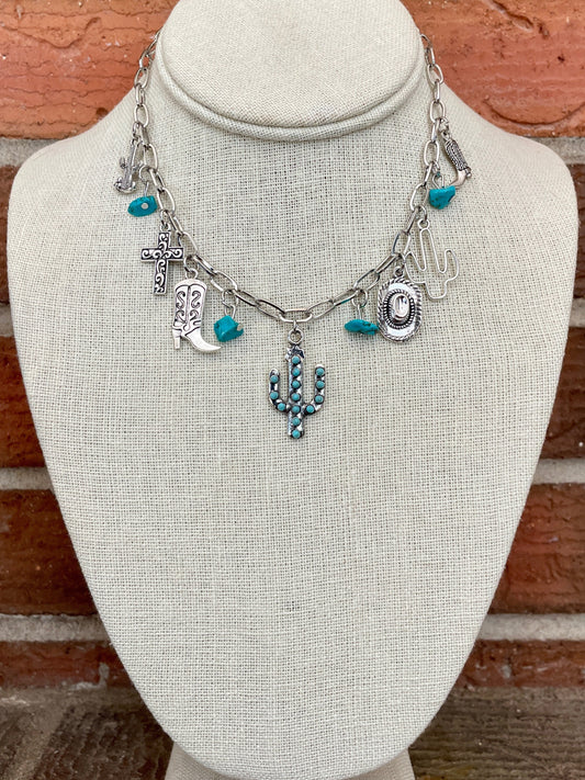 Saguaro Cactus and Turquoise Charm Necklace