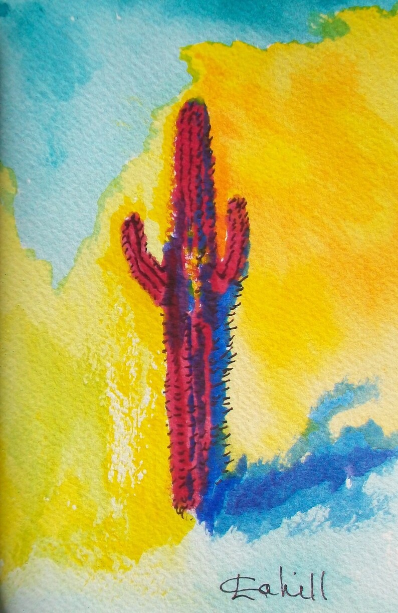 Shade, Sun and Red Saguaro Original Watercolor Painting by Lynn Cahill