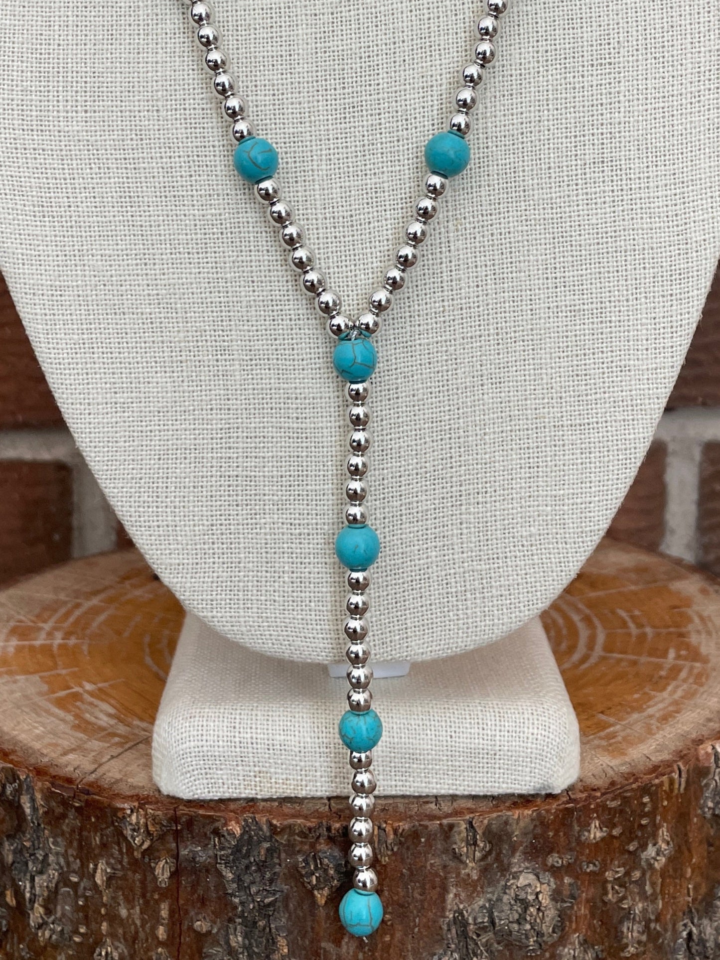 Silver Beaded Lariat Necklace with Turquoise