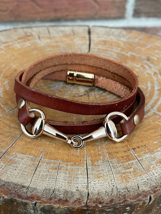 Snaffle Bit Wrap Bracelet with Brown Genuine Leather - Gold