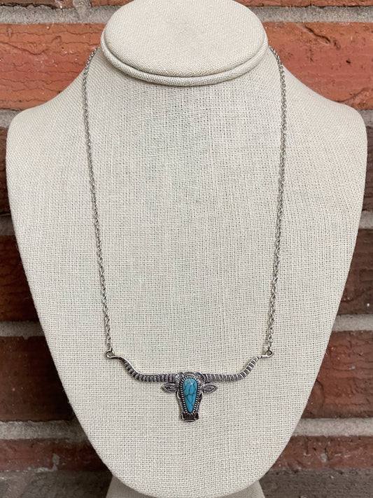 Turquoise Jeweled Texas Longhorn Necklace
