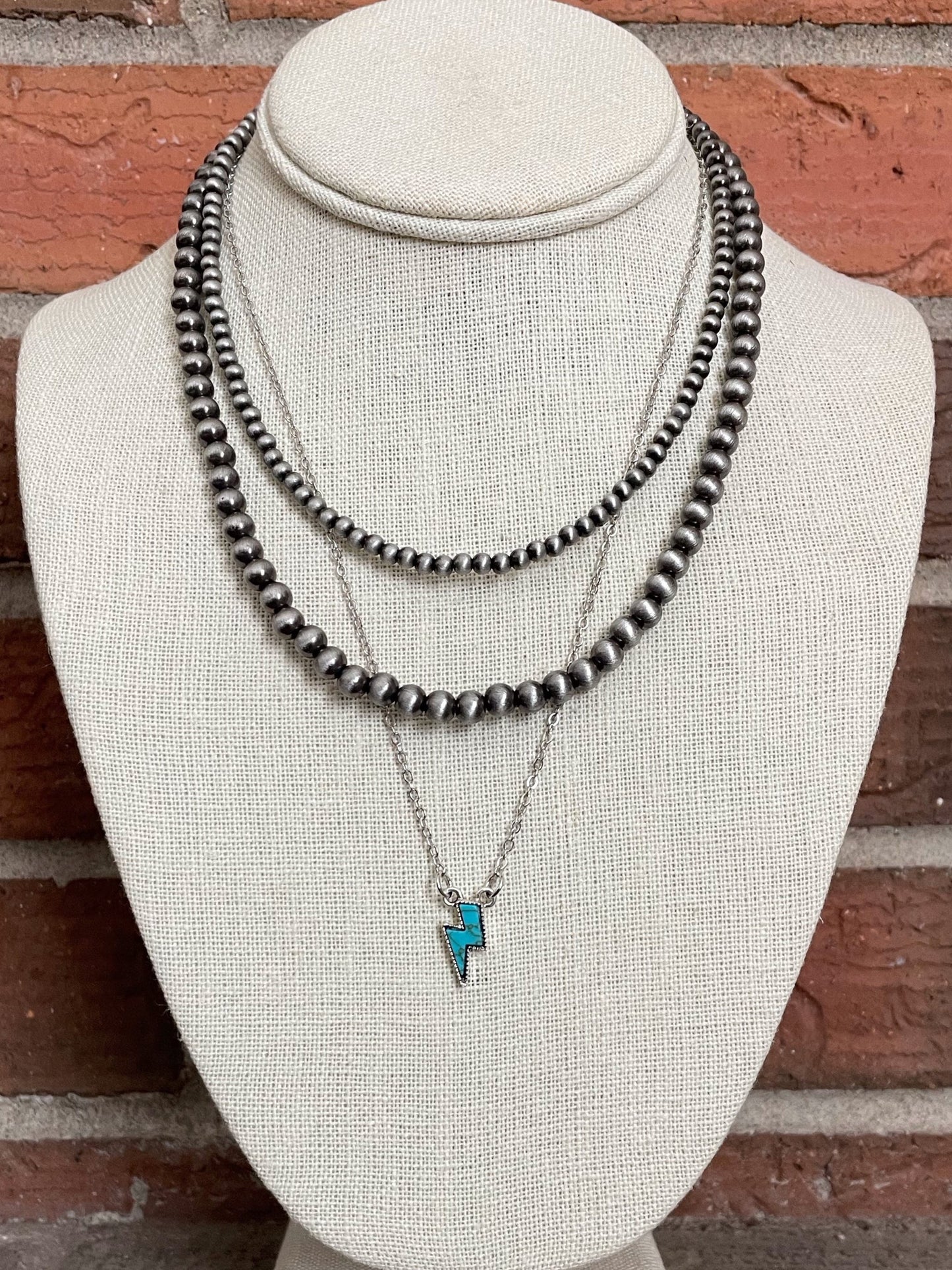 Turquoise Lightning Bolt and Navajo Style Pearl Necklace