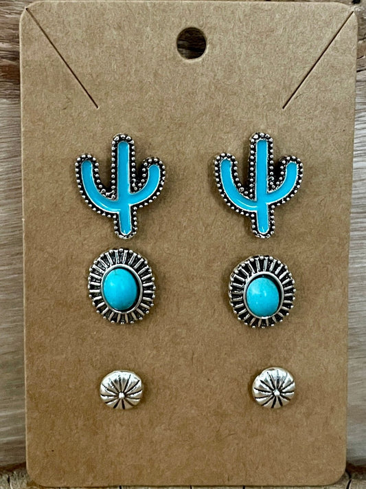 Turquoise Saguaro Cactus Stud Earring Set