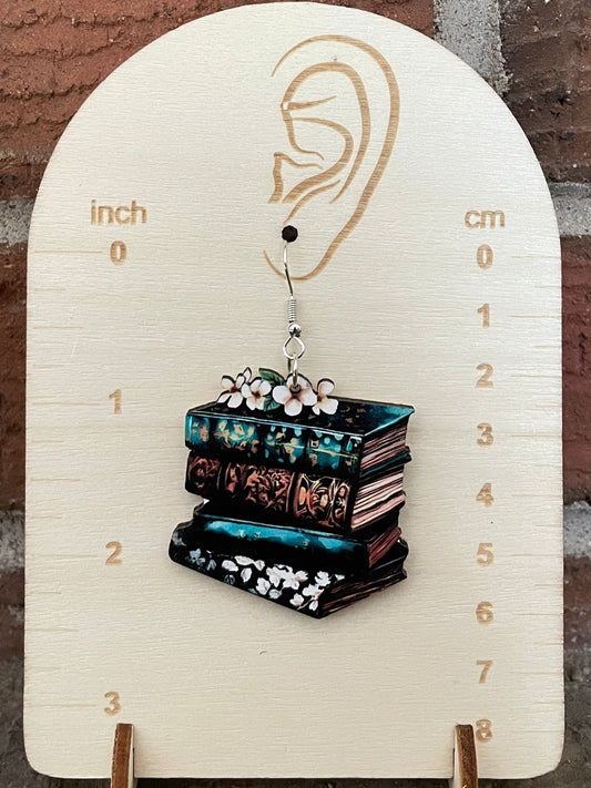 Turquoise Tooled Antique Books Wood Earrings