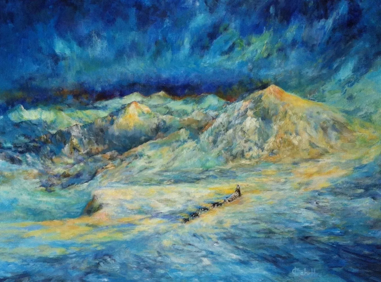 Dogsled Heading out of the Blue Original Acrylic Painting by Lynn Cahill