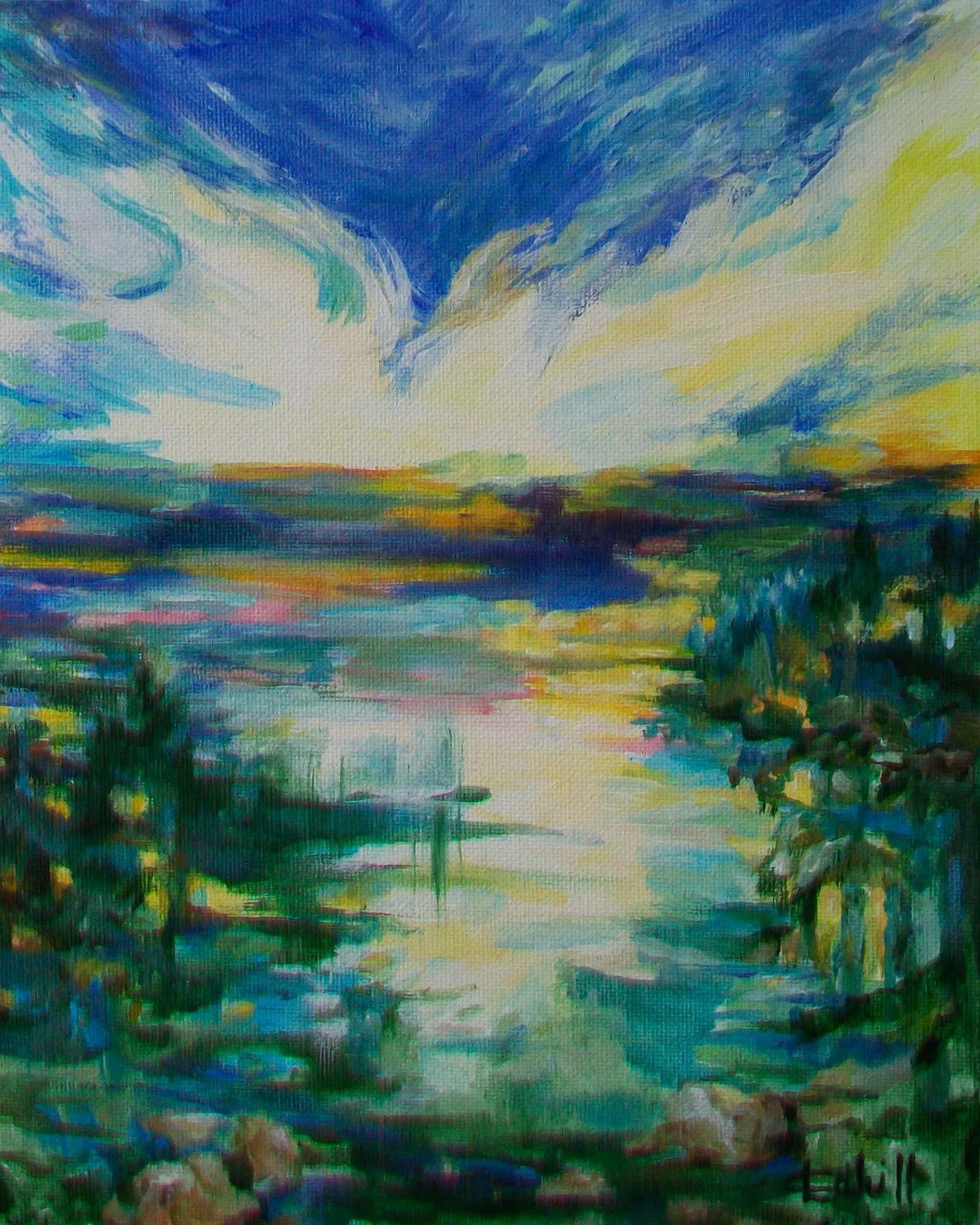 Twilight Summer Lake Original Acrylic Painting by Lynn Cahill