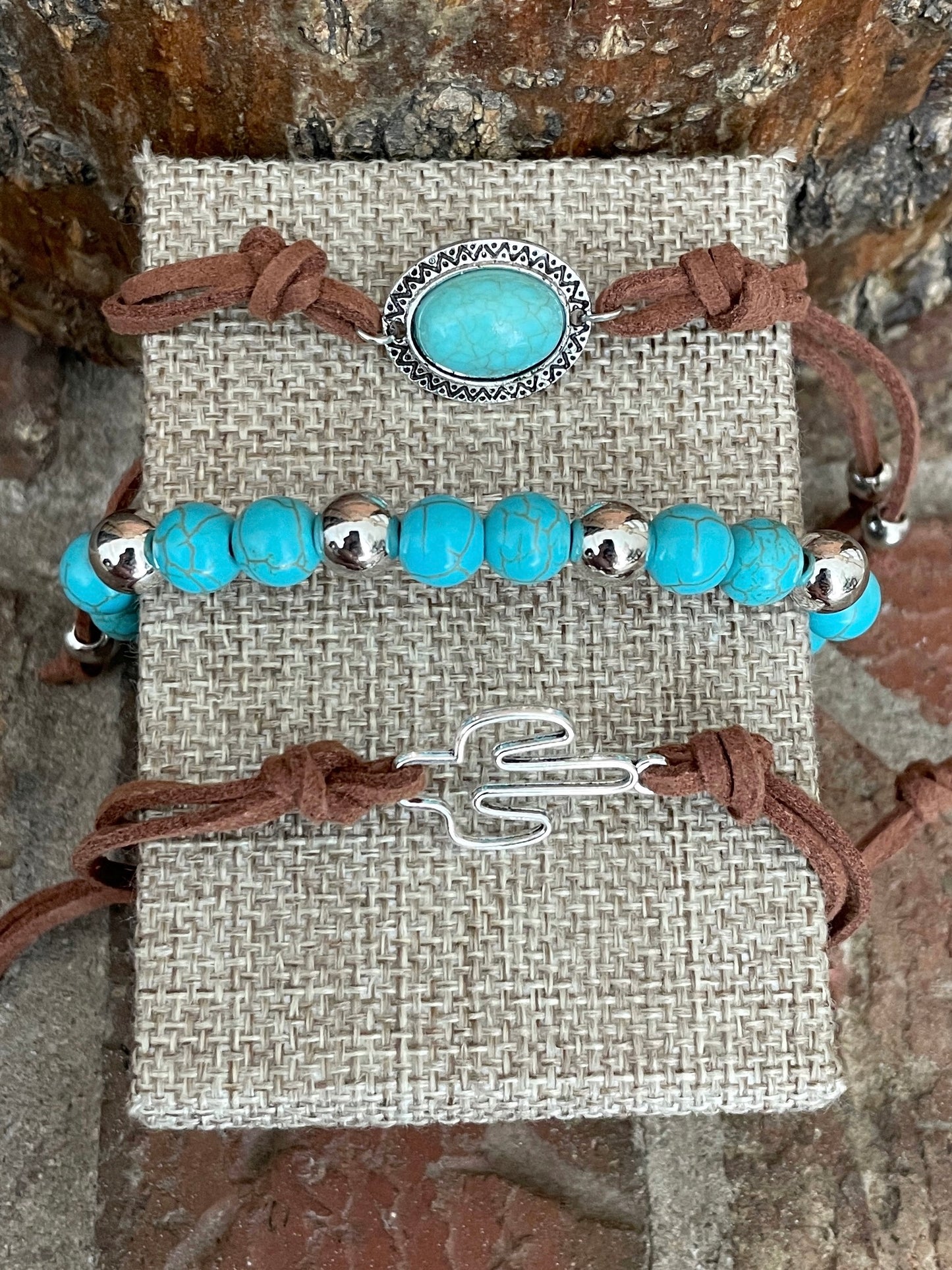 Faux Turquoise and Saguaro Cactus Faux Leather Bracelet Set