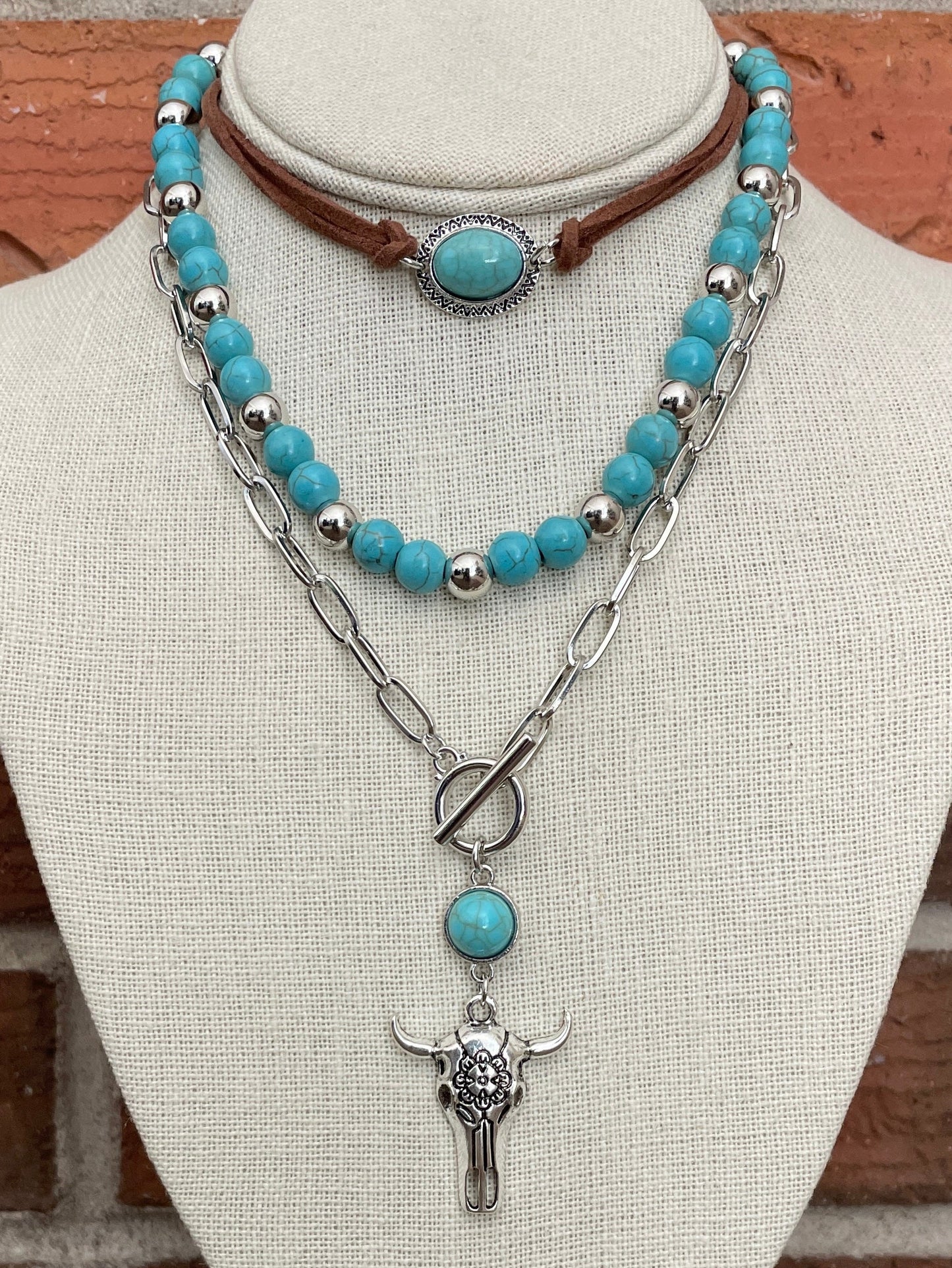 Floral Steer Skull and Faux Turquoise Choker Necklace Set