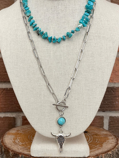 Floral Steer Skull and Turquoise Chip Necklace Set
