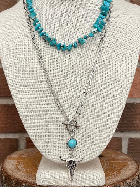Floral Steer Skull and Turquoise Chip Necklace Set