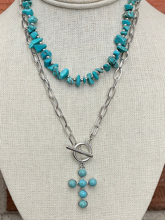 Faux Turquoise Cluster Cross Necklace Set