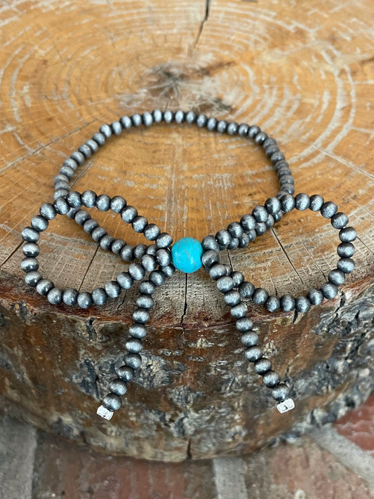 Navajo Style Pearl Bow Bracelet Set with Faux Turquoise