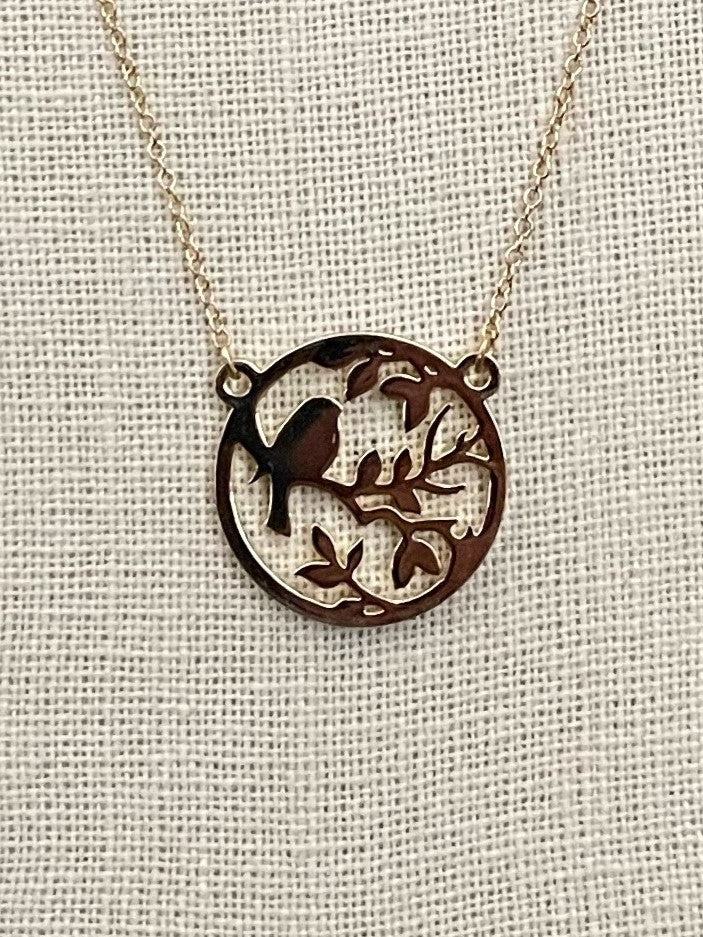 Bird on a Branch Disk Necklace - Gold
