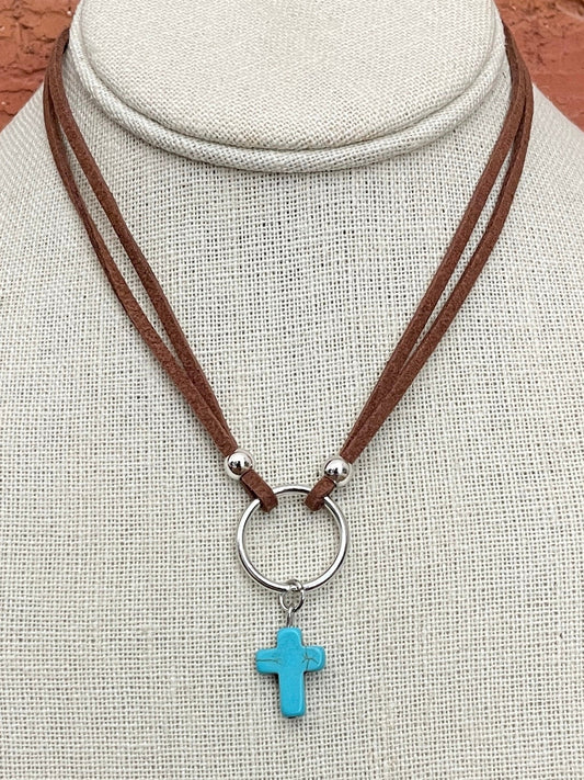 Faux Leather Choker Necklace with Turquoise Cross