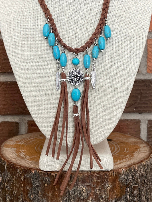 Braided Faux Leather Fringe Statement Necklace with Turquoise