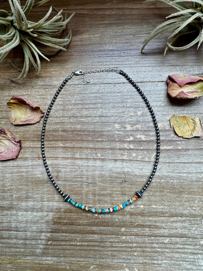 Sterling Silver Pearl Choker with Extra Turquoise & Spiny Oyster