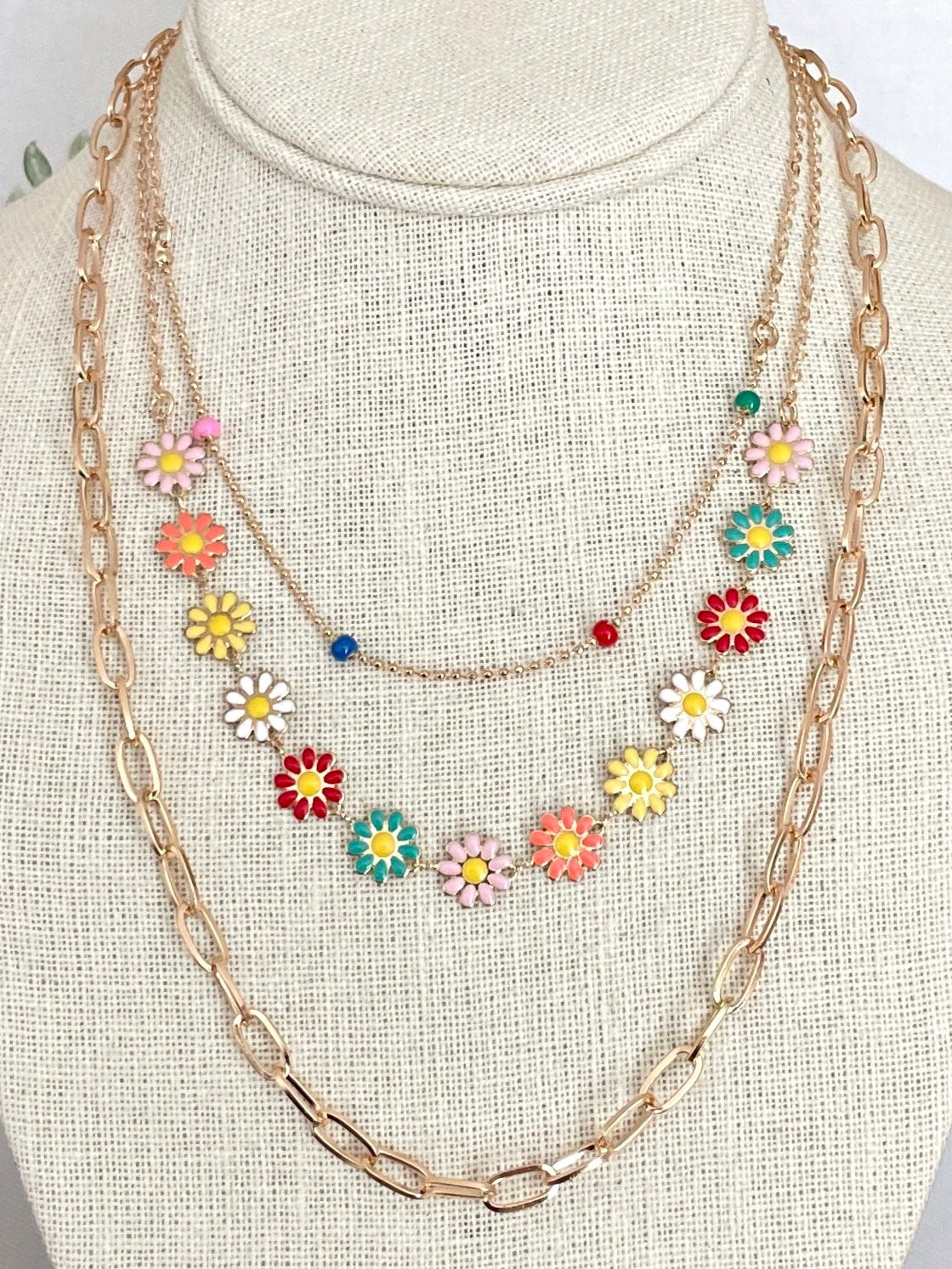Layered Daisy Chain and Paperclip Necklace Set