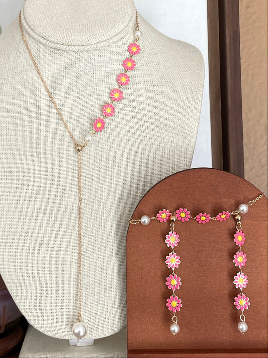 Asymmetric Pink Daisy Chain Lariat Necklace, Earrings & Bracelet Set