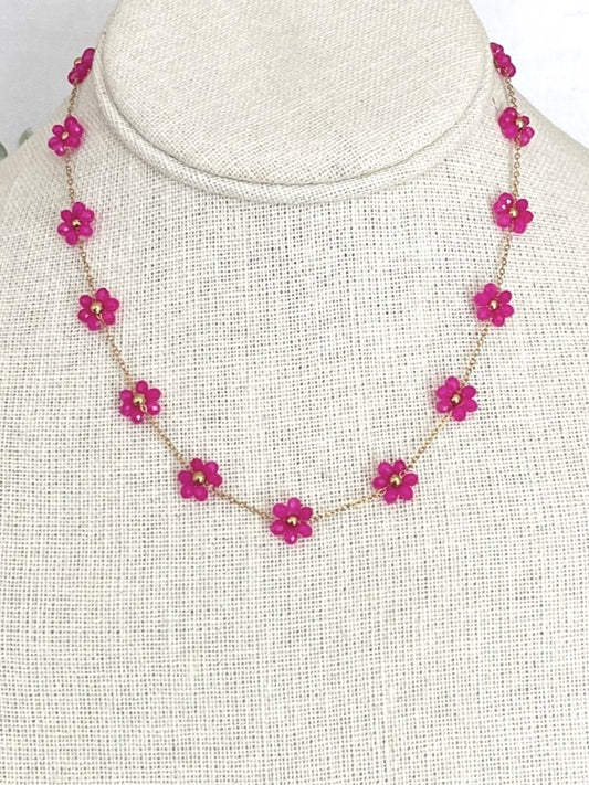Beaded Pink Wildflower Chain Necklace