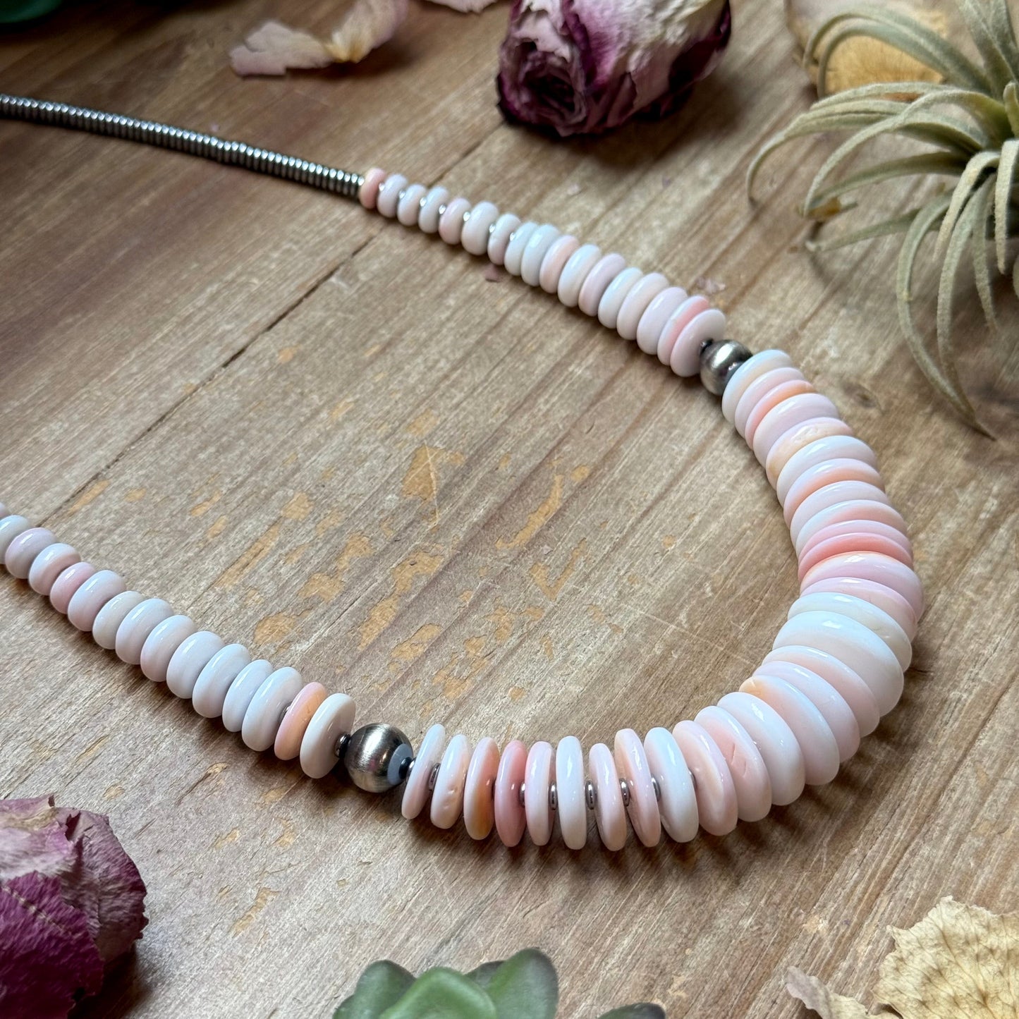 22” Pink Conch Graduated Necklace – Sterling Silver & Hematite