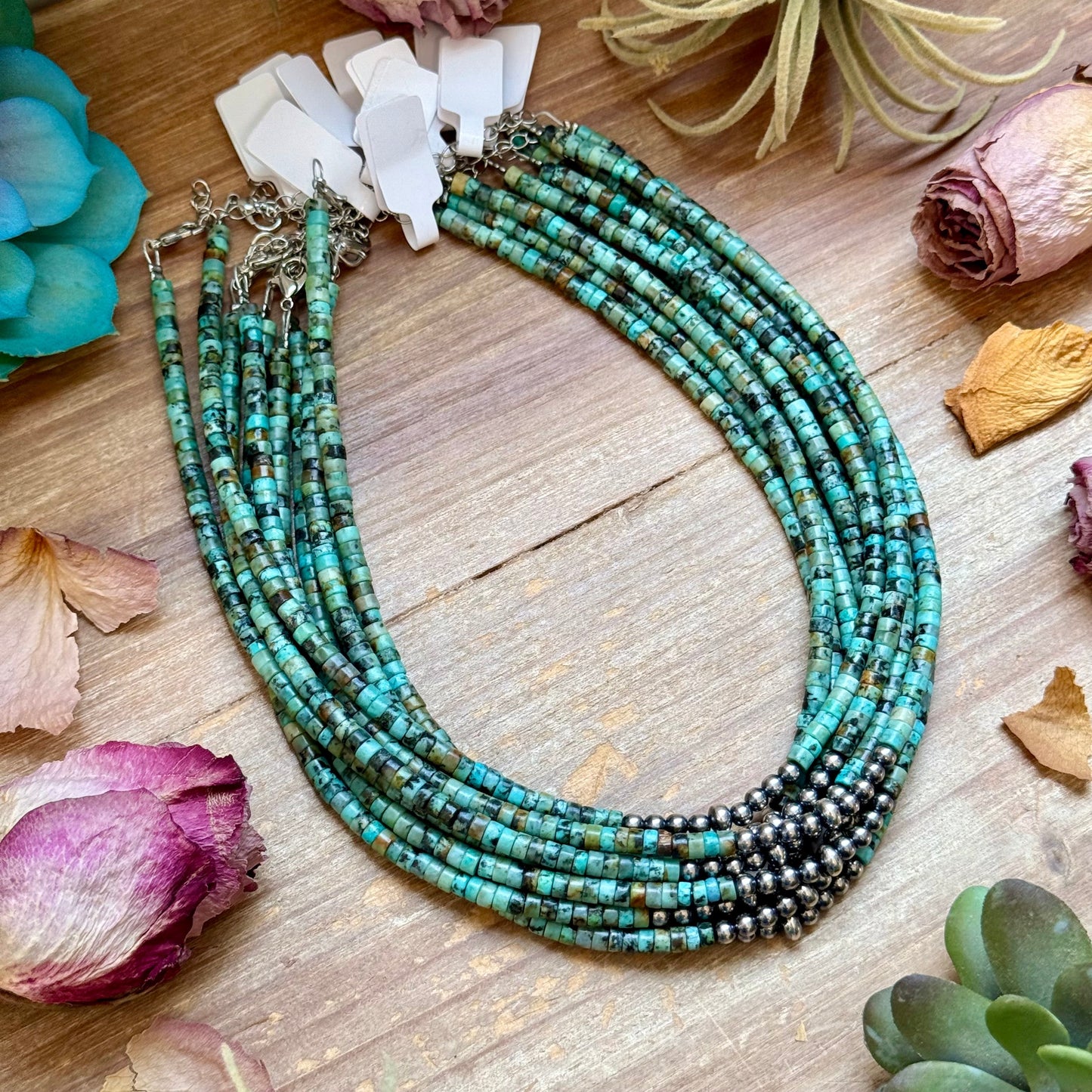 African Turquoise Heishi & Sterling Silver Pearl Necklace