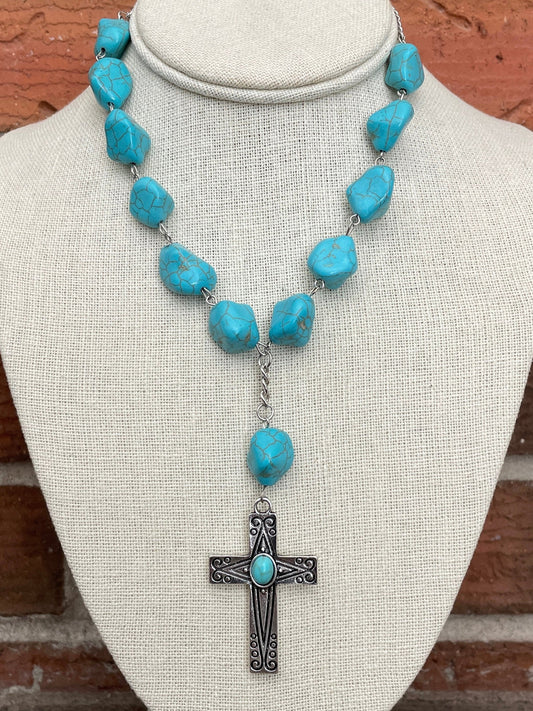 Cross Lariat Necklace with Faux Turquoise