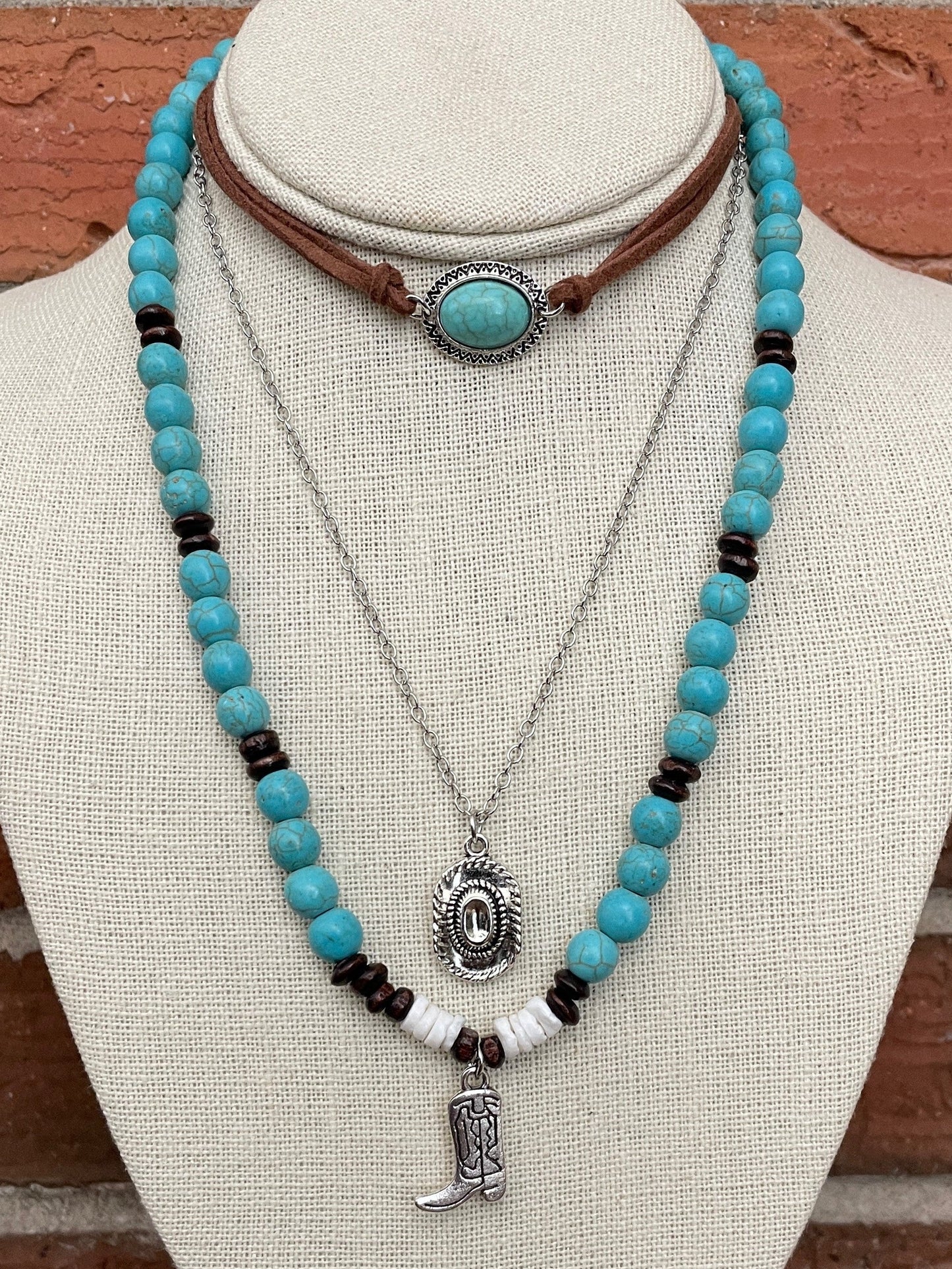Cowboy Hat and Boot Necklace Set with Turquoise & Wood