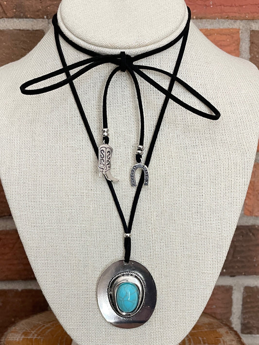 Faux Leather Tie Choker Necklace with Western Charms