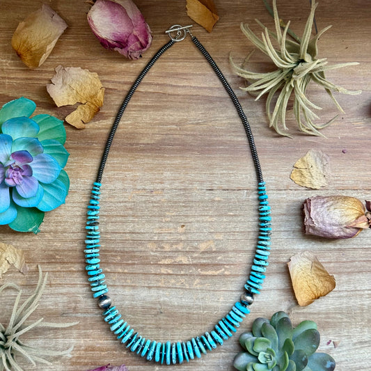 23” Ice Blue Turquoise Graduated Necklace – Sterling Silver & Hematite