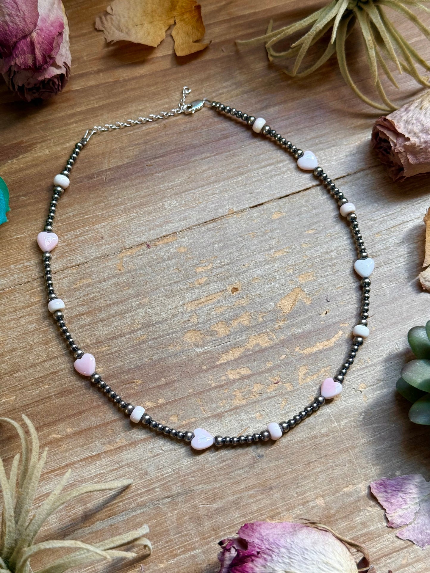 15” Pink Conch Heart Necklace – Sterling Silver Pearls