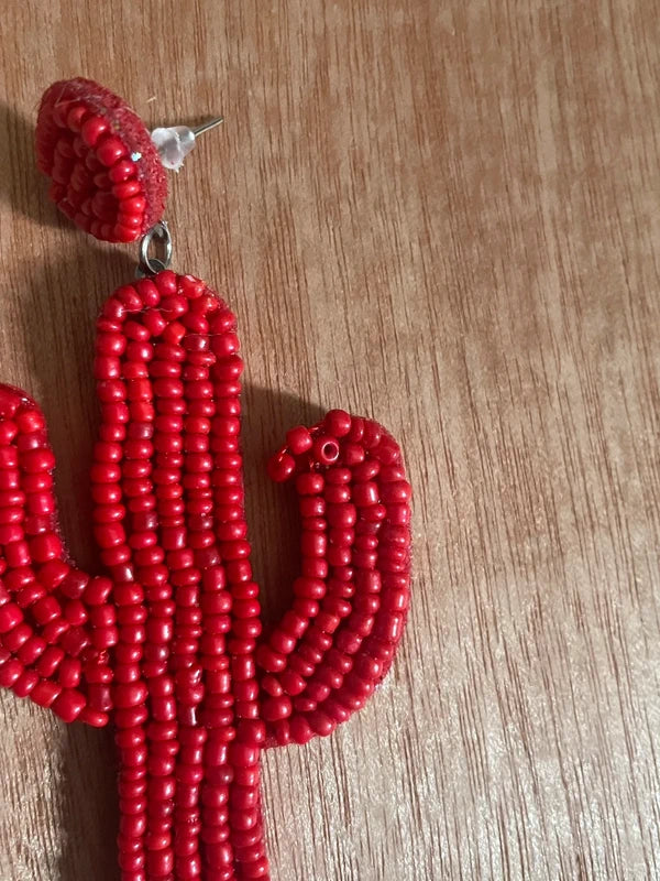 Beaded Saguaro Cactus Earrings - Red