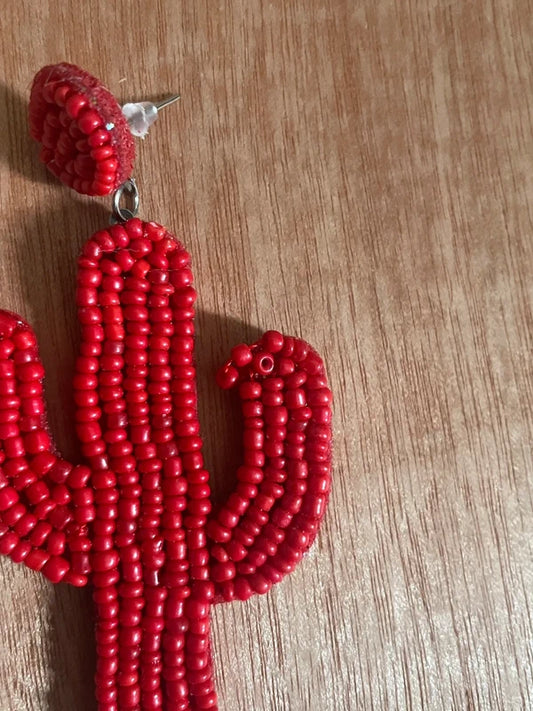 Beaded Saguaro Cactus Earrings - Red