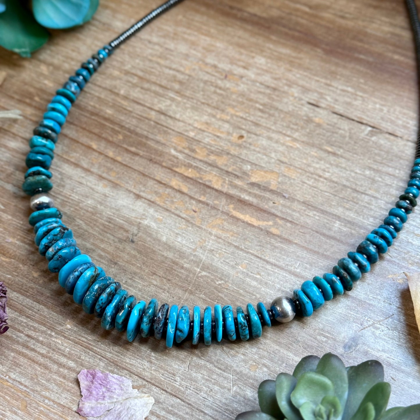 Dark Blue Turquoise Graduated Necklace with Sterling Silver Pearls & Hematite – 23”