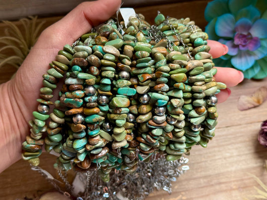 16.5” Green Turquoise Nugget Necklace – Sterling Silver & Paperclip Chain