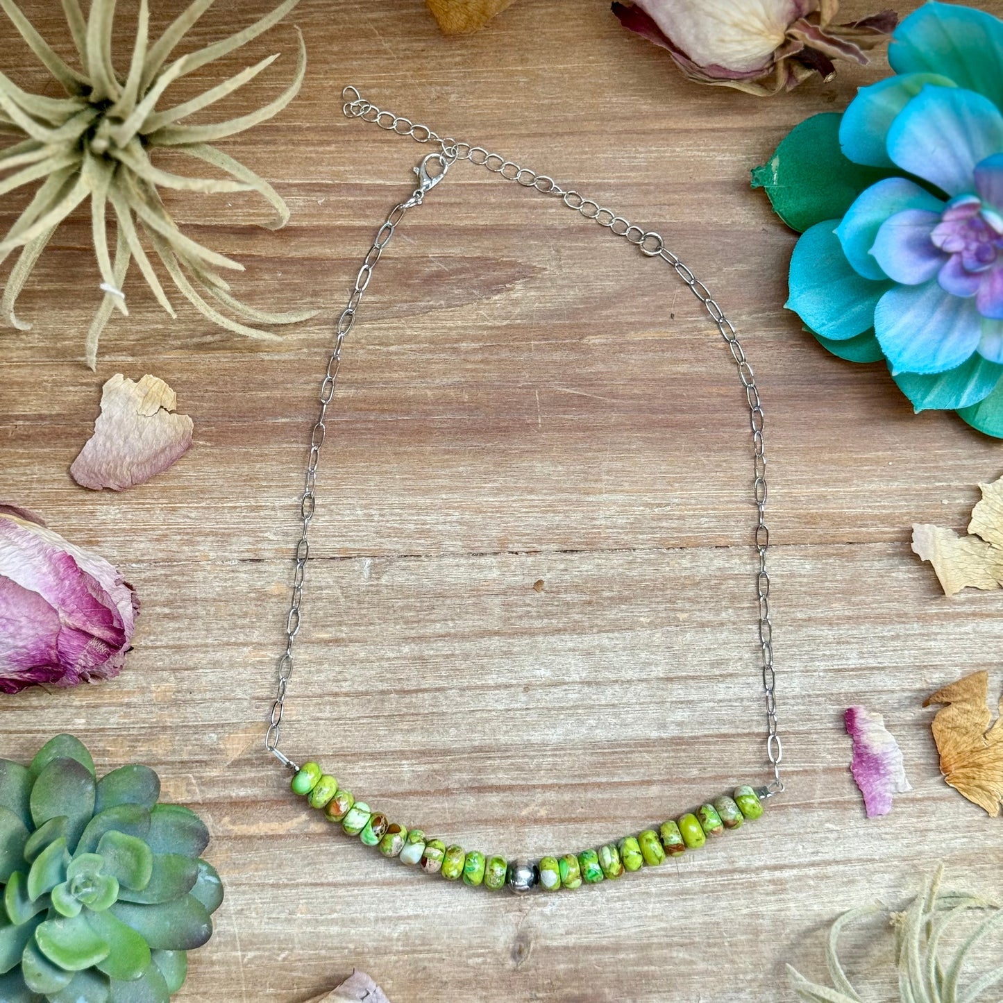 16” Green Variscite Paperclip Necklace – Sterling Silver Accent