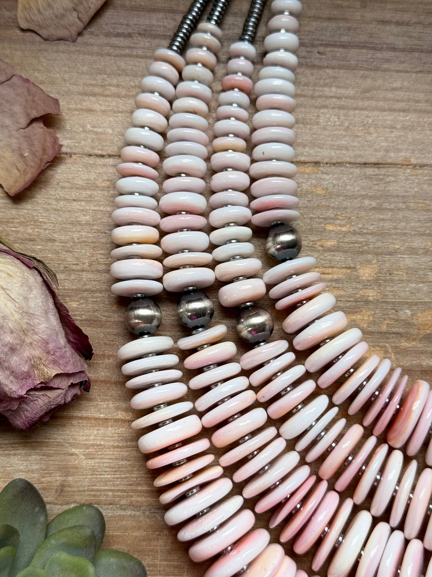 22” Pink Conch Graduated Necklace – Sterling Silver & Hematite