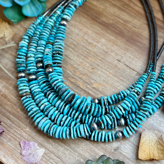 23” Ice Blue Turquoise Graduated Necklace – Sterling Silver & Hematite