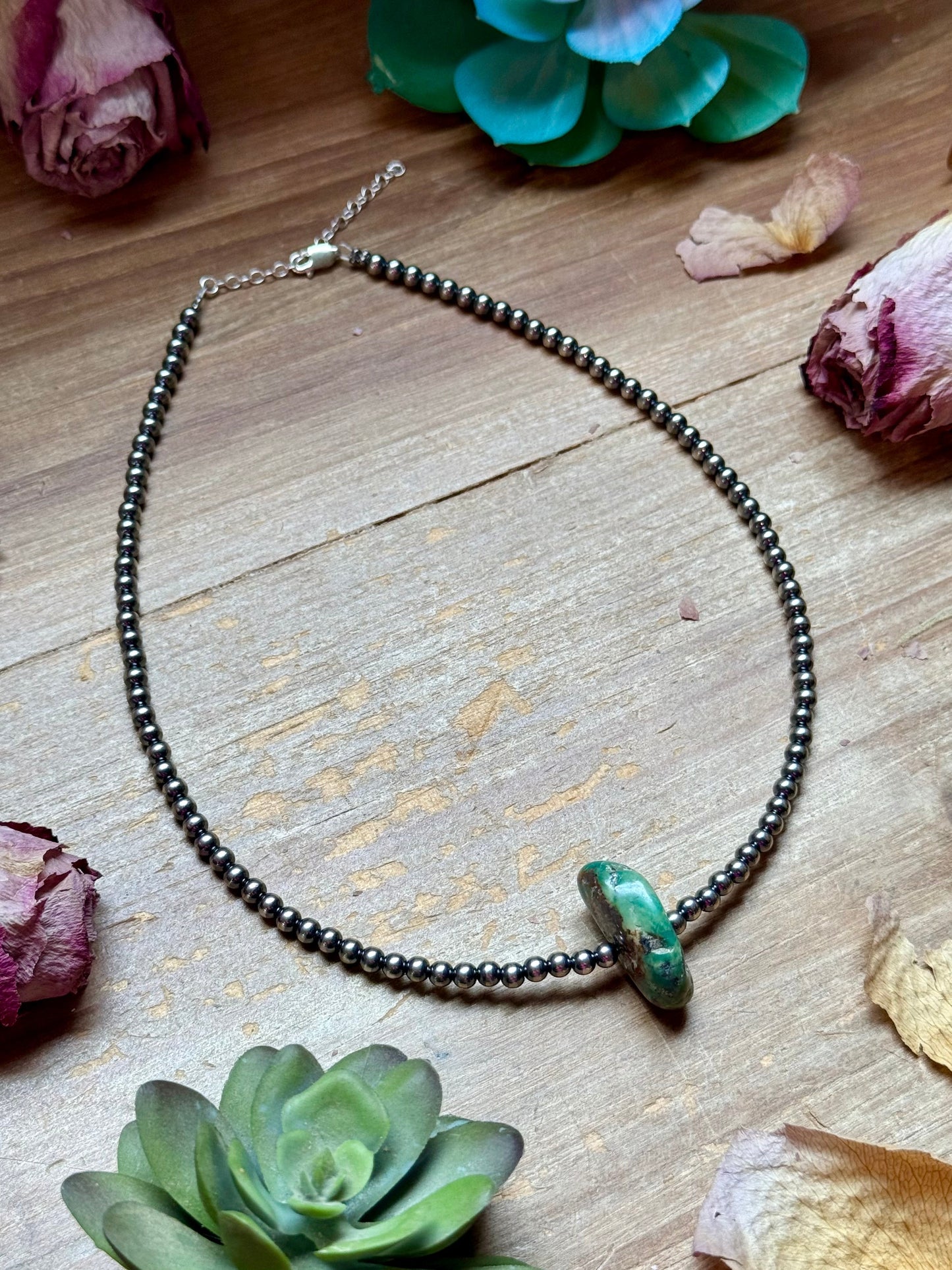 16” Green & Brown Turquoise Necklace – Sterling Silver