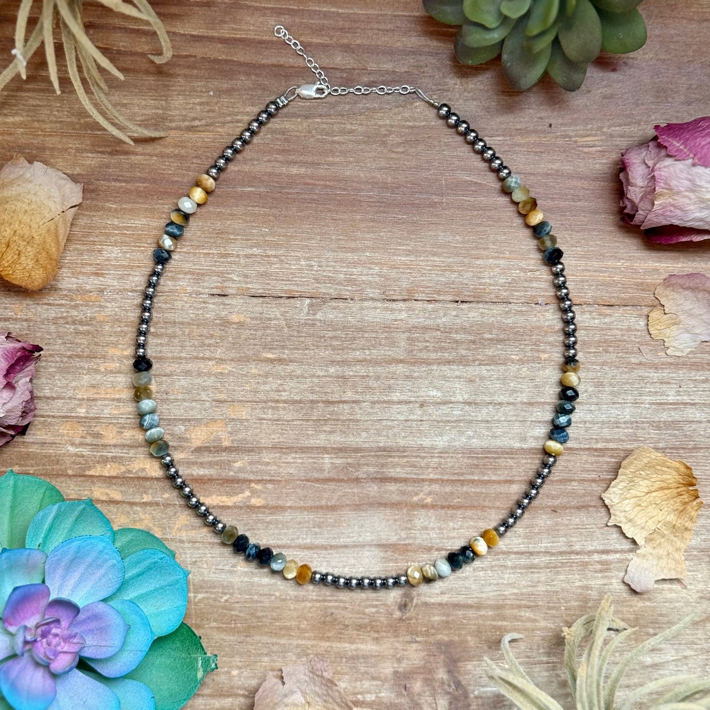 16” Golden Tiger Eye Necklace – Sterling Silver Pearls